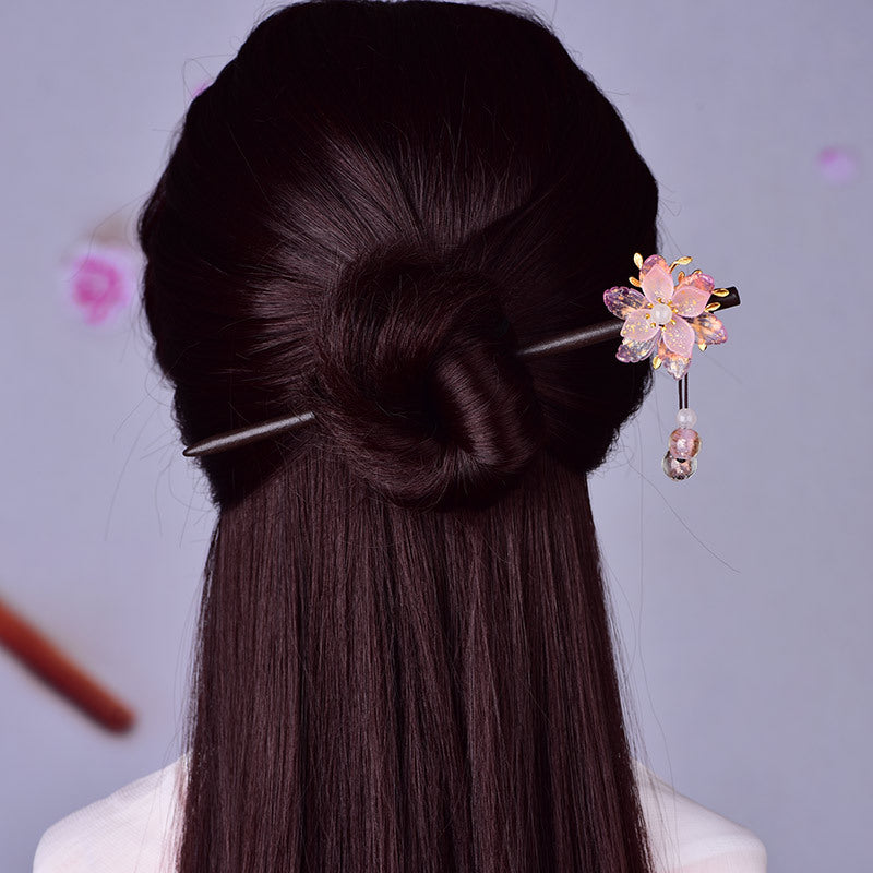 Vintage Wood & Crystal Tassel Hairpin | Women's Hair Accessory