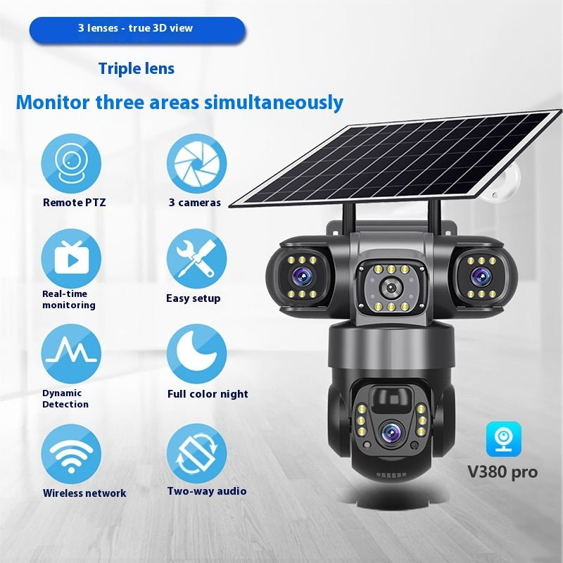Solar-Powered Trinocular Wireless Security Camera | Outdoor HD Monitoring