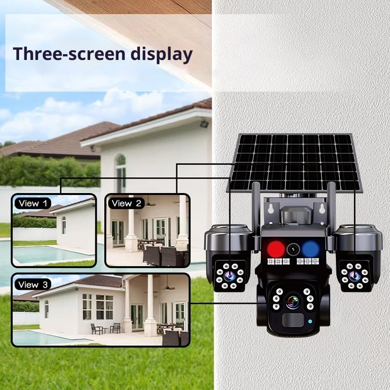 Three-Lens Solar Security Camera | Wide-Angle Outdoor Surveillance
