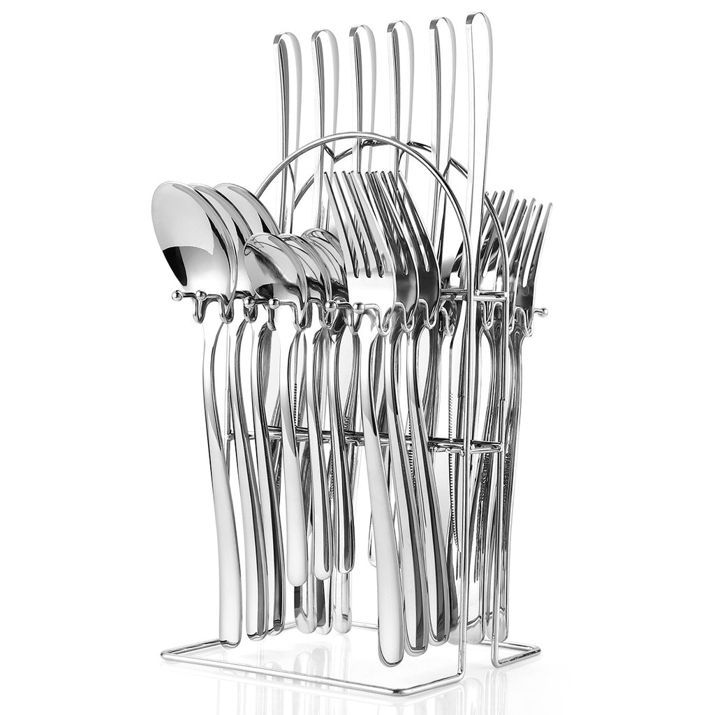 24-Piece Moonlight Stainless Steel Cutlery Set | 666 Grade Western Flatware with Rack