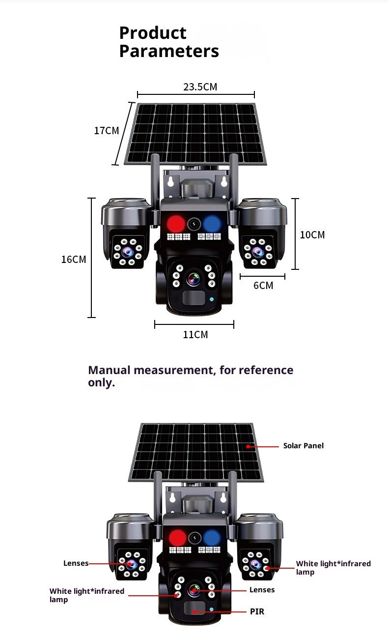 Three-Lens Solar Security Camera | Wide-Angle Outdoor Surveillance