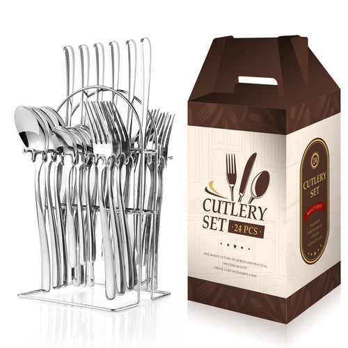 24-Piece Moonlight Stainless Steel Cutlery Set | 666 Grade Western Flatware with Rack